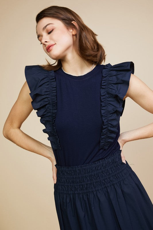 Skies are Blue Navy Ruffled Sleeveless Top