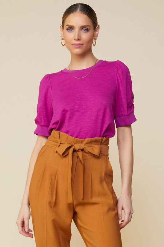 Skies are Blue Ruched Sleeve Knit Top