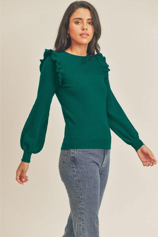 Shoulder Ruffle Crew Neck Sweater