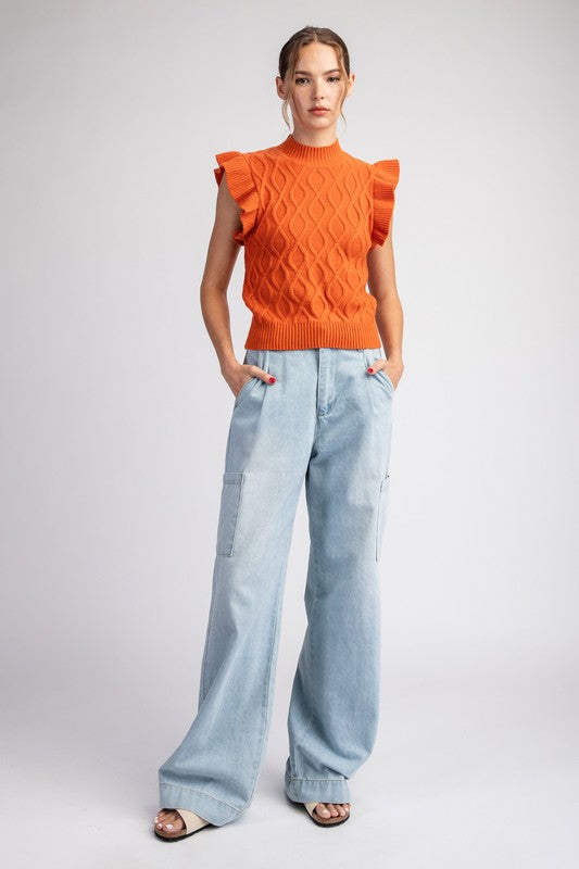 EE:some Mock Neck Flutter Sleeve Sweater Top