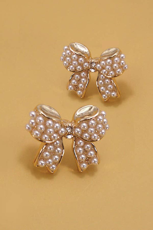 Mini Pearl Bow Ribbon Gold Earrings