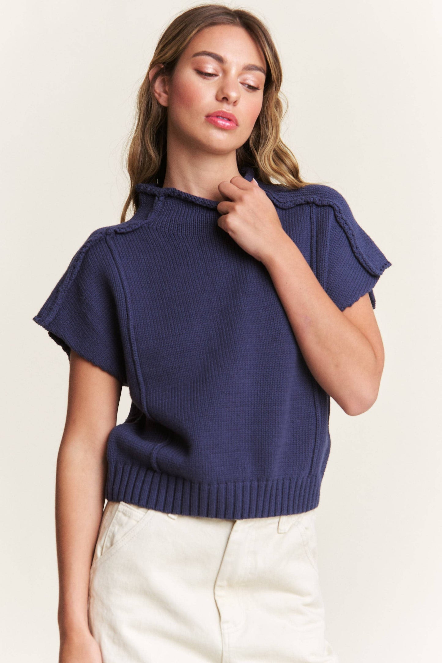 In the Beginning - Navy Short Sleeved Sweater Vest: Navy / L