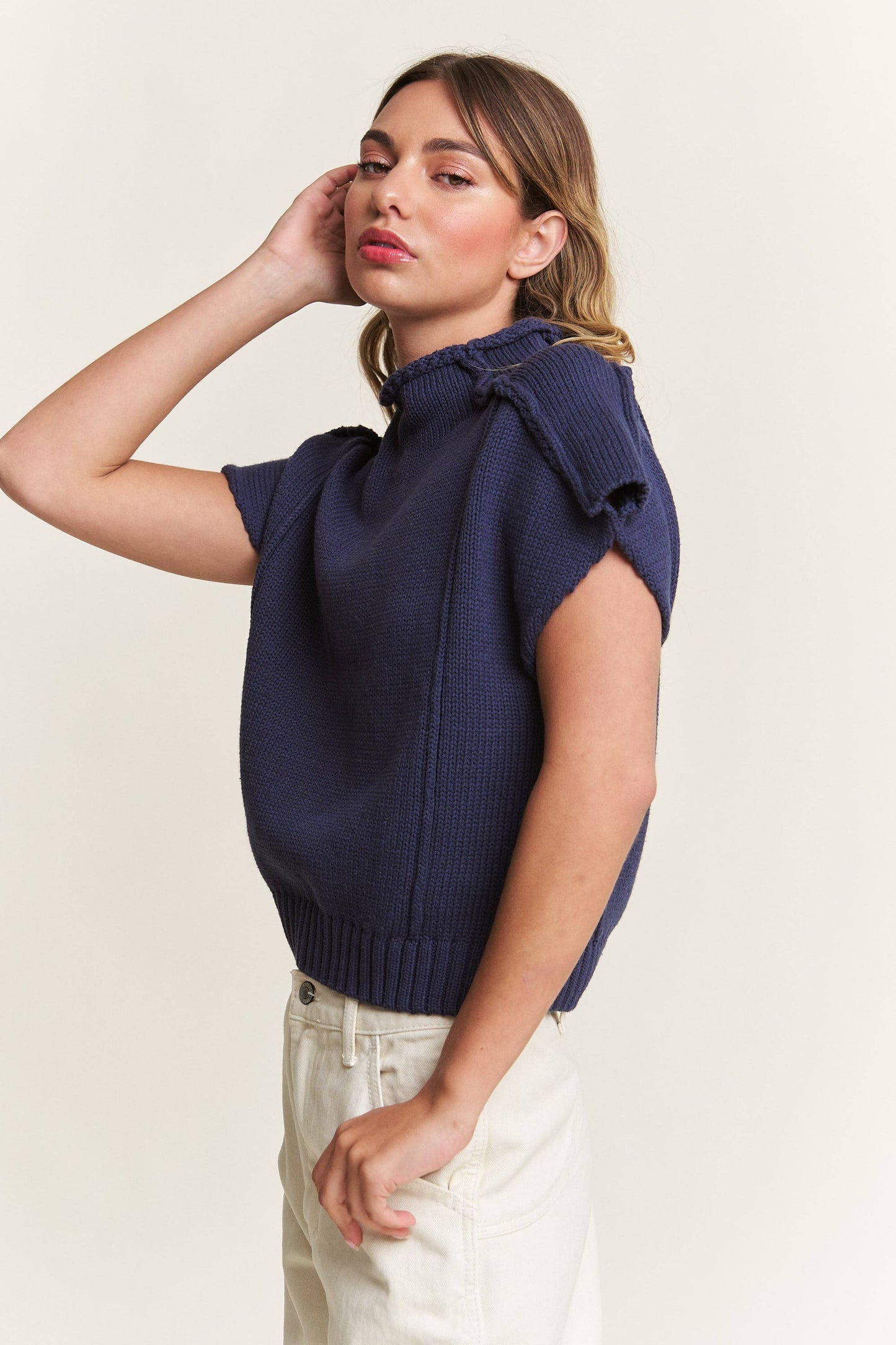 In the Beginning - Navy Short Sleeved Sweater Vest: Navy / L