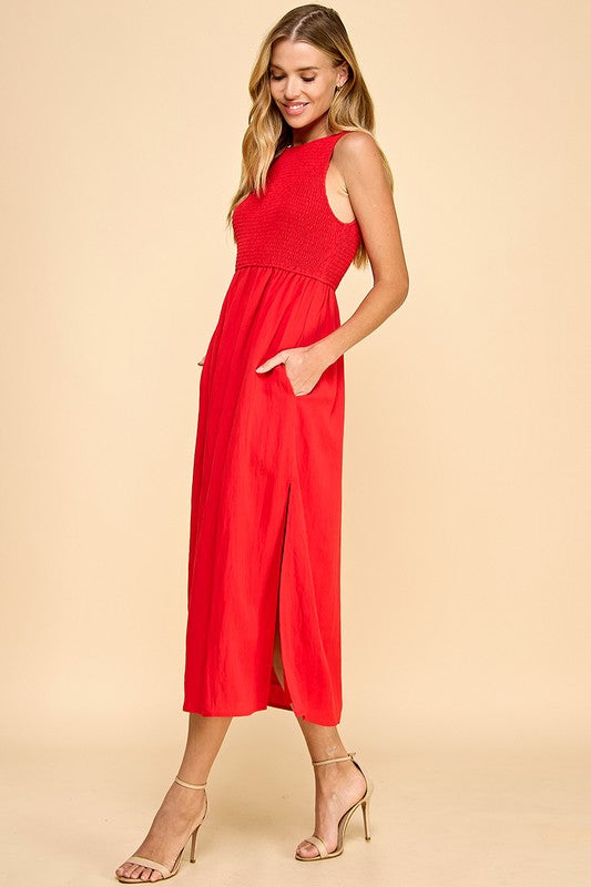 TCEC Sleeveless Smocked Bodice Side Slit Midi Dress