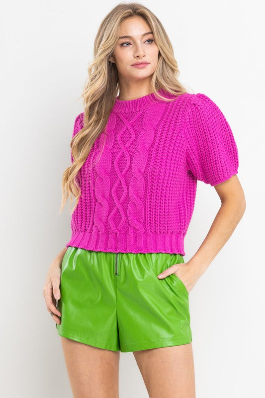 Ces Femme Puff Sleeve Cable Sweater
