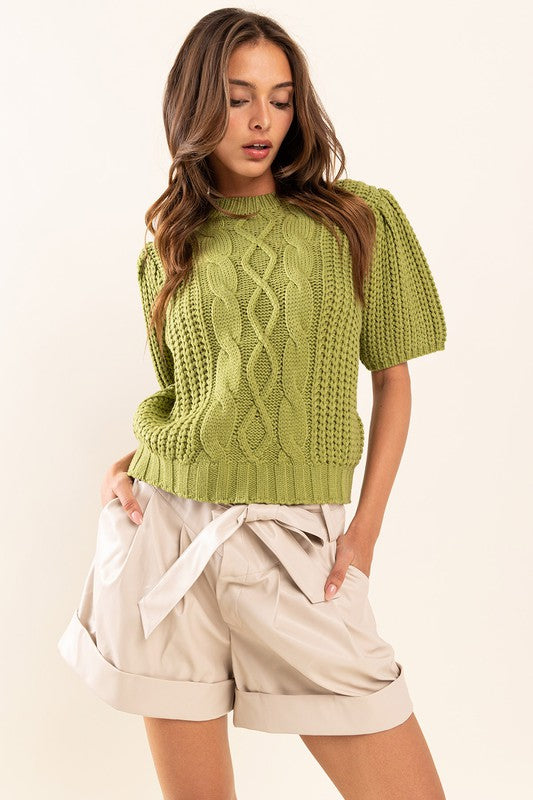 Ces Femme Puff Sleeve Cable Sweater