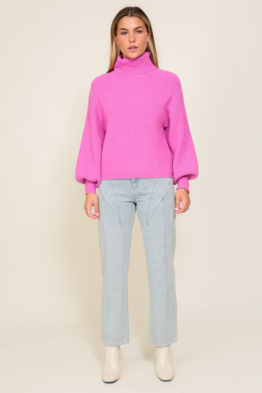 Pink Rib Knitted Turtleneck Sweater