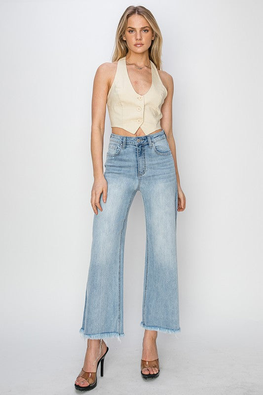 Risen High Rise Frayed Wide Jeans