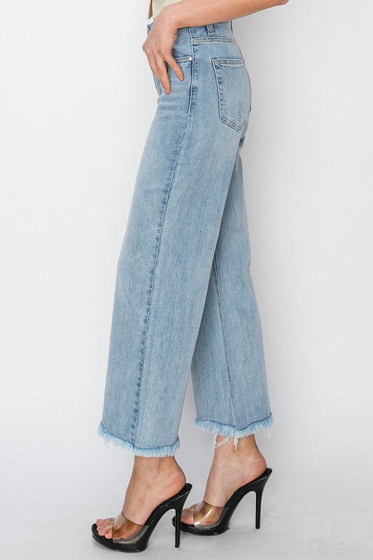 Risen High Rise Frayed Wide Jeans