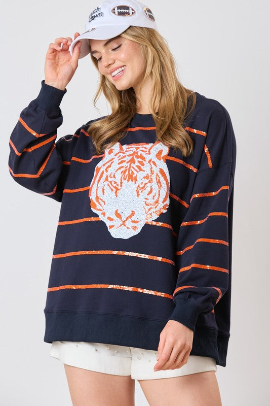 Tiger Head Sequined Striped Pullover (Very Oversized)