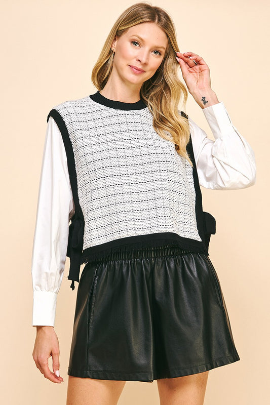 Woven Knit Combo Blouse - Black Trim