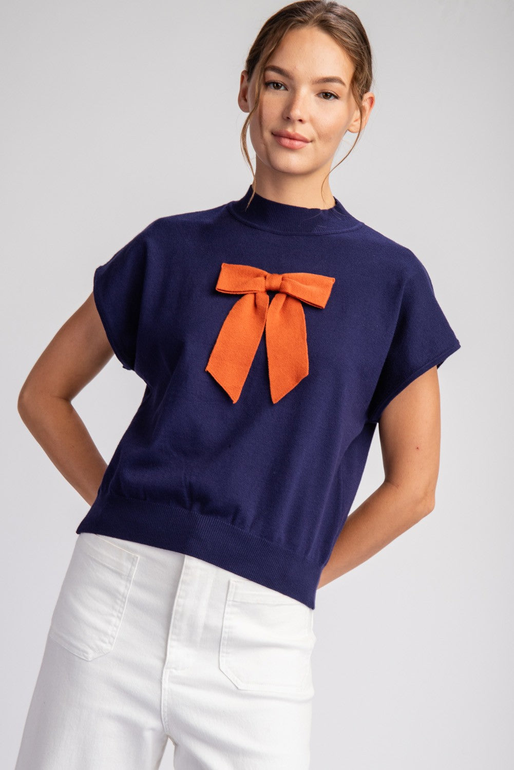 Mockneck Bow Top Sweater - Navy