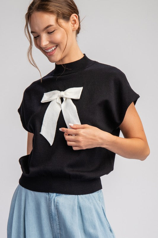 Mockneck Bow Top Sweater - Black