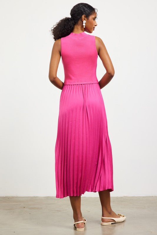 Pleated Contrast Mock Neck Dress - Pink