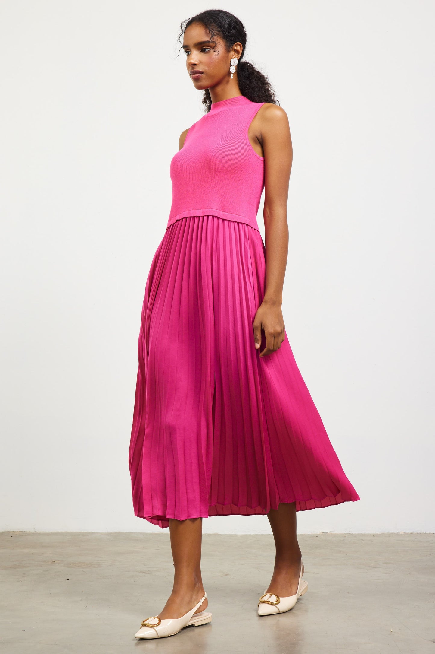 Pleated Contrast Mock Neck Dress - Pink