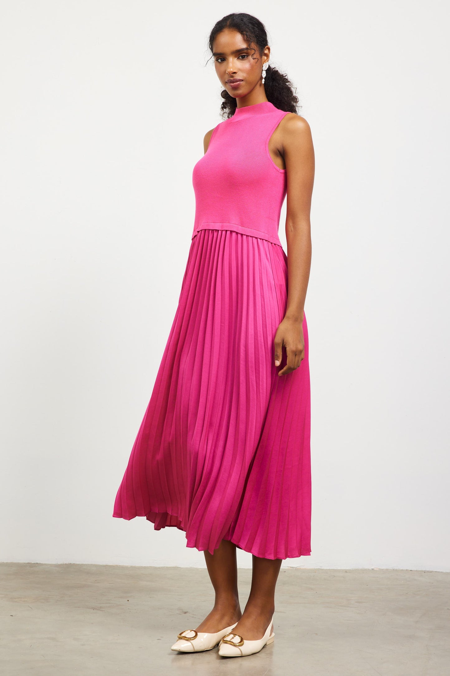 Pleated Contrast Mock Neck Dress - Pink