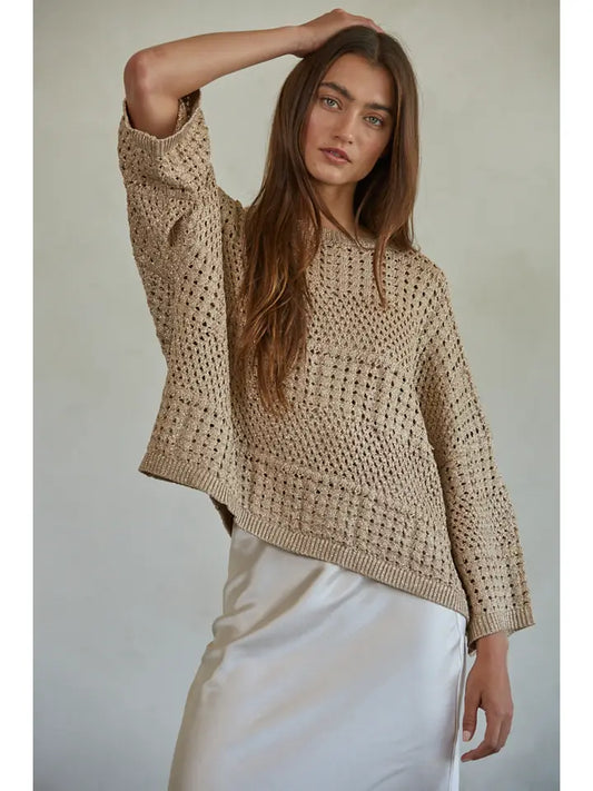 Knit Sweater Crochet Pullover Top - Rose Gold