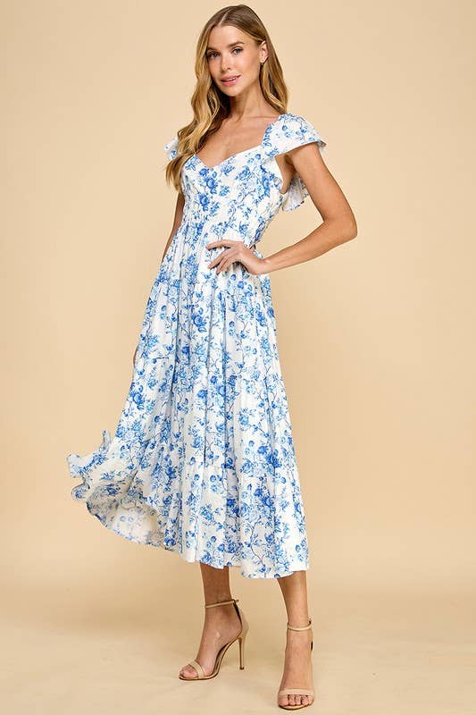 TCEC Floral Print Sweetheart Neck Elastic Waist Dress