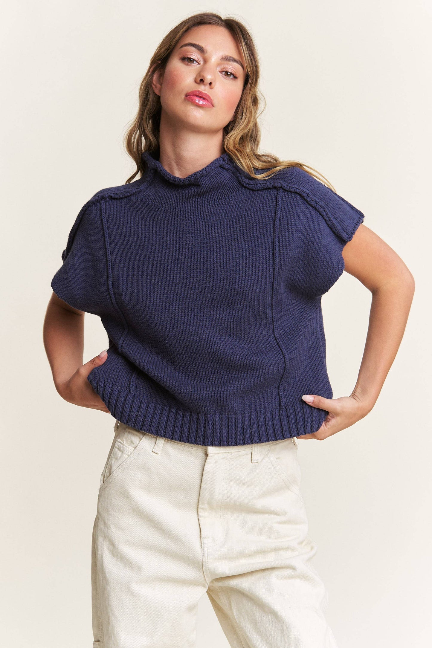 In the Beginning - Navy Short Sleeved Sweater Vest: Navy / L