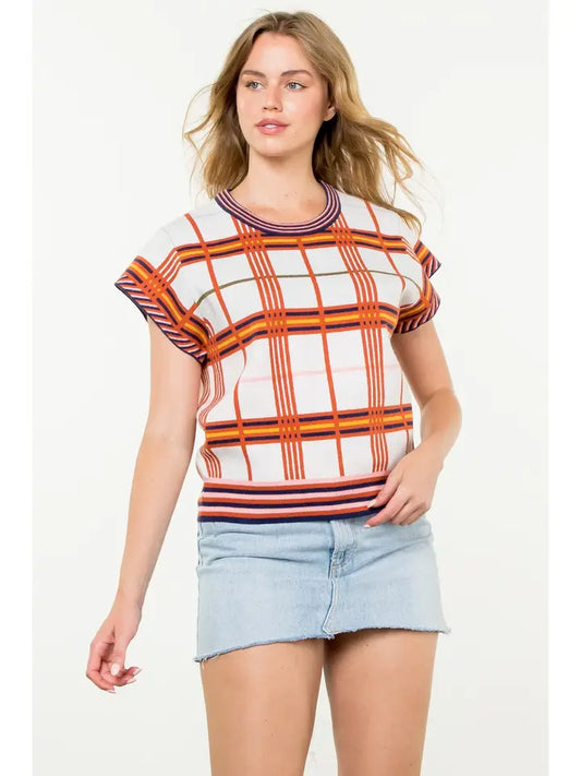 THML Short Sleeve Plaid Top - Cream