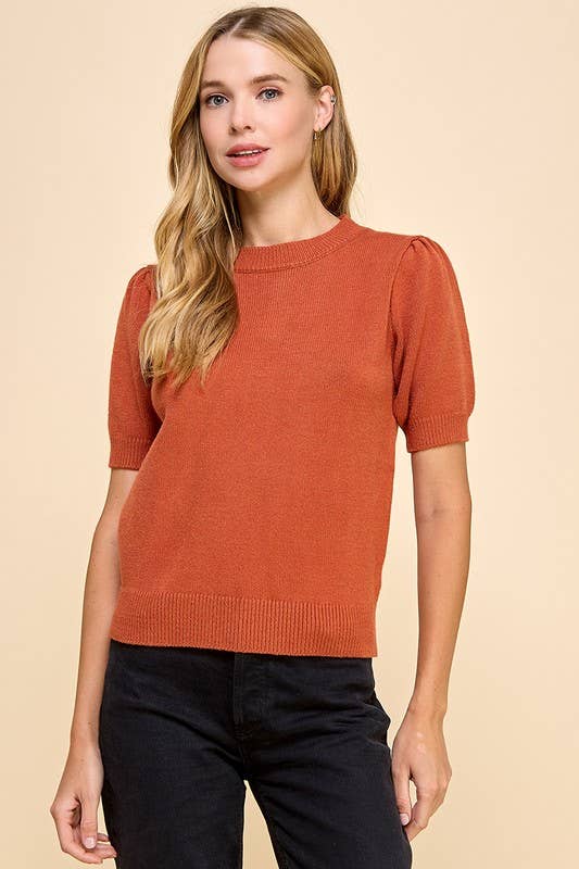 Puff Sleeves Knit Sweater Top - Rust