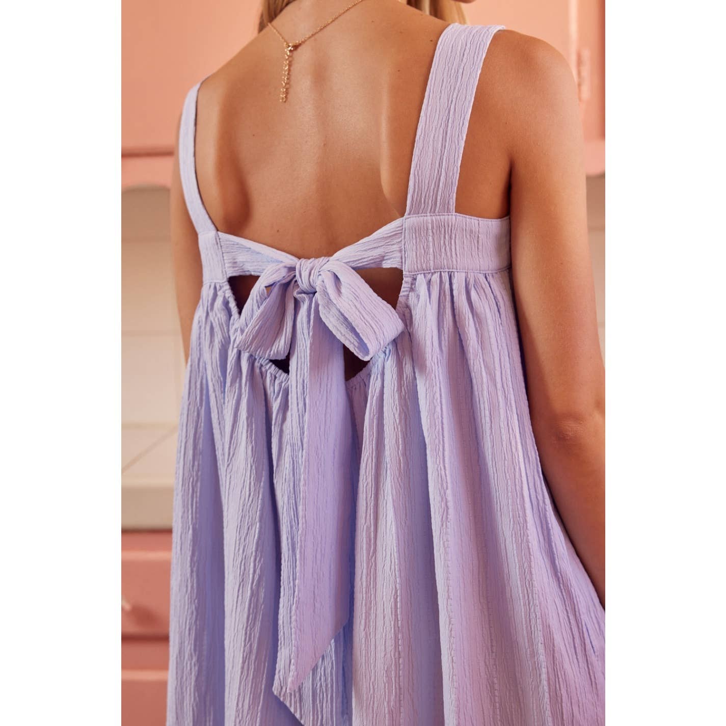 idem ditto - Crinkled Babydoll Mini Dress With Back Ribbon