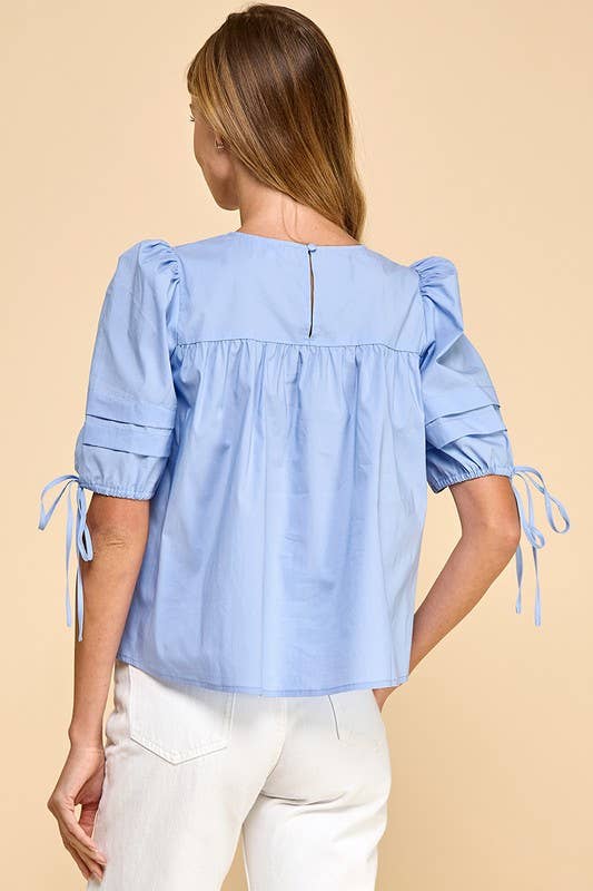 TCEC Pleated Detail Back Keyhole Puff Sleeves Top