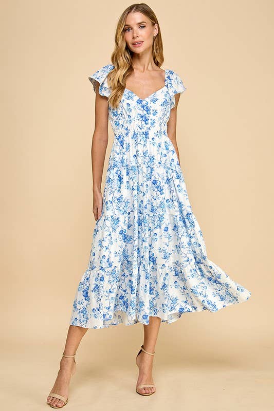 TCEC Floral Print Sweetheart Neck Elastic Waist Dress