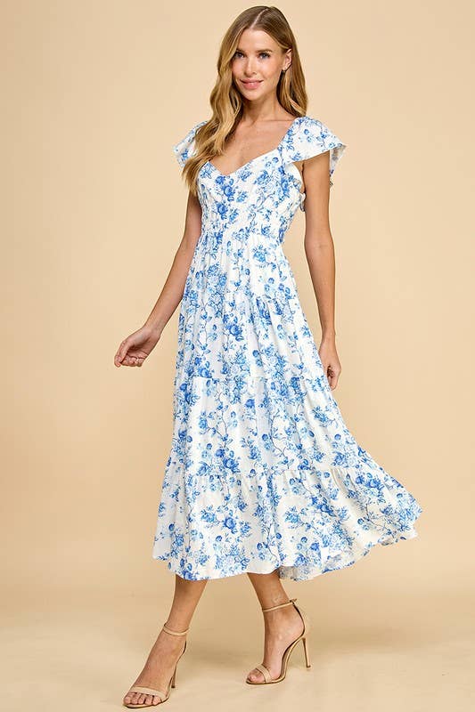 TCEC Floral Print Sweetheart Neck Elastic Waist Dress