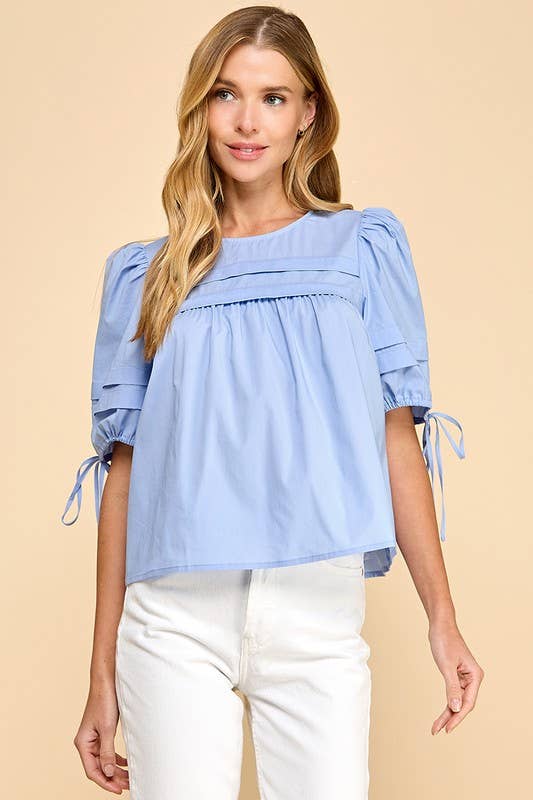 TCEC Pleated Detail Back Keyhole Puff Sleeves Top