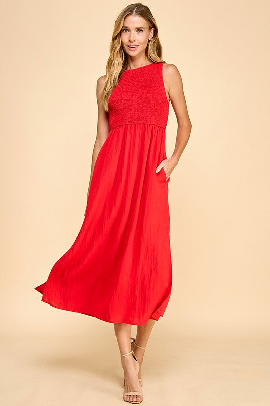 TCEC Sleeveless Smocked Bodice Side Slit Midi Dress