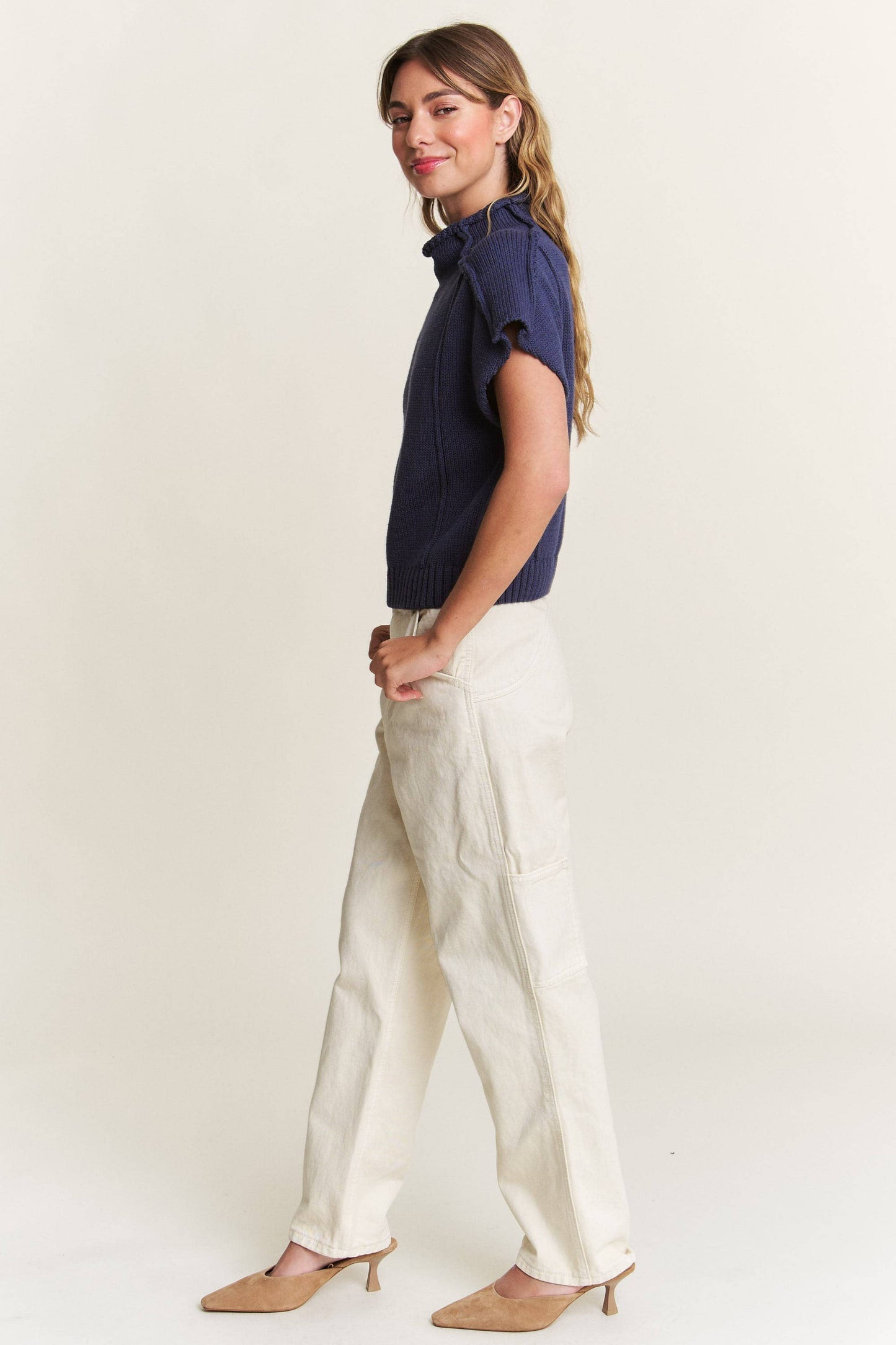 In the Beginning - Navy Short Sleeved Sweater Vest: Navy / L