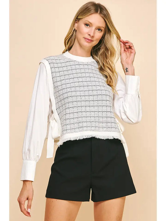 Woven Knit Combo Blouse - White Trim