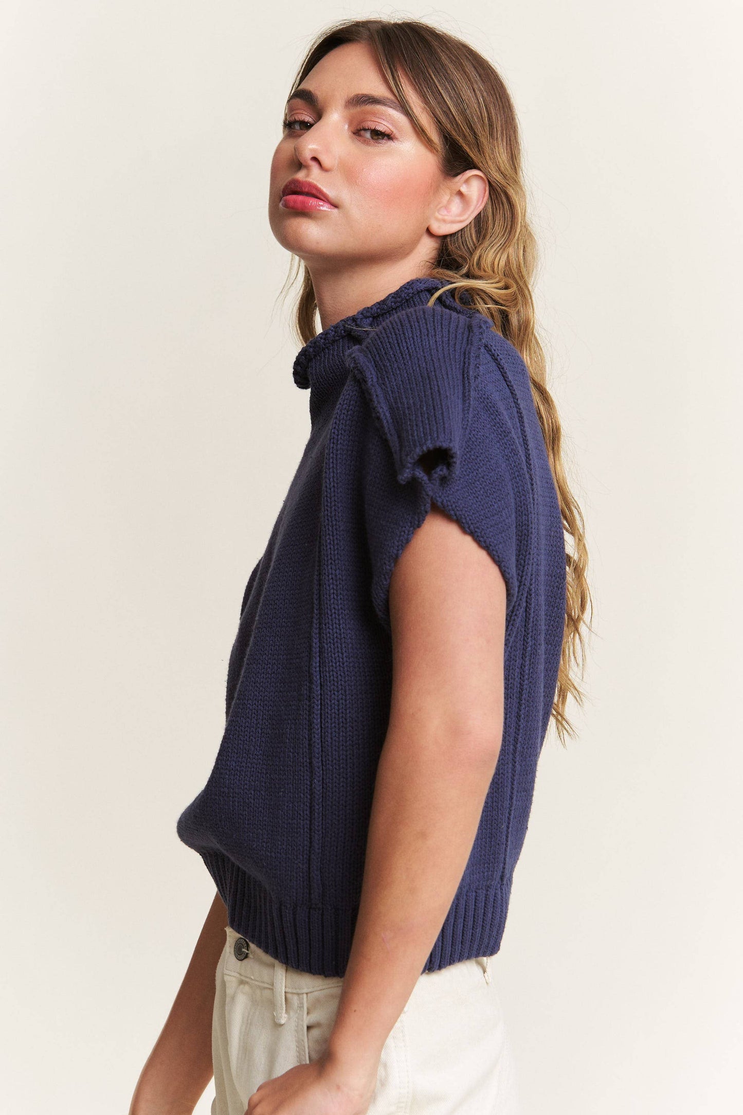 In the Beginning - Navy Short Sleeved Sweater Vest: Navy / L