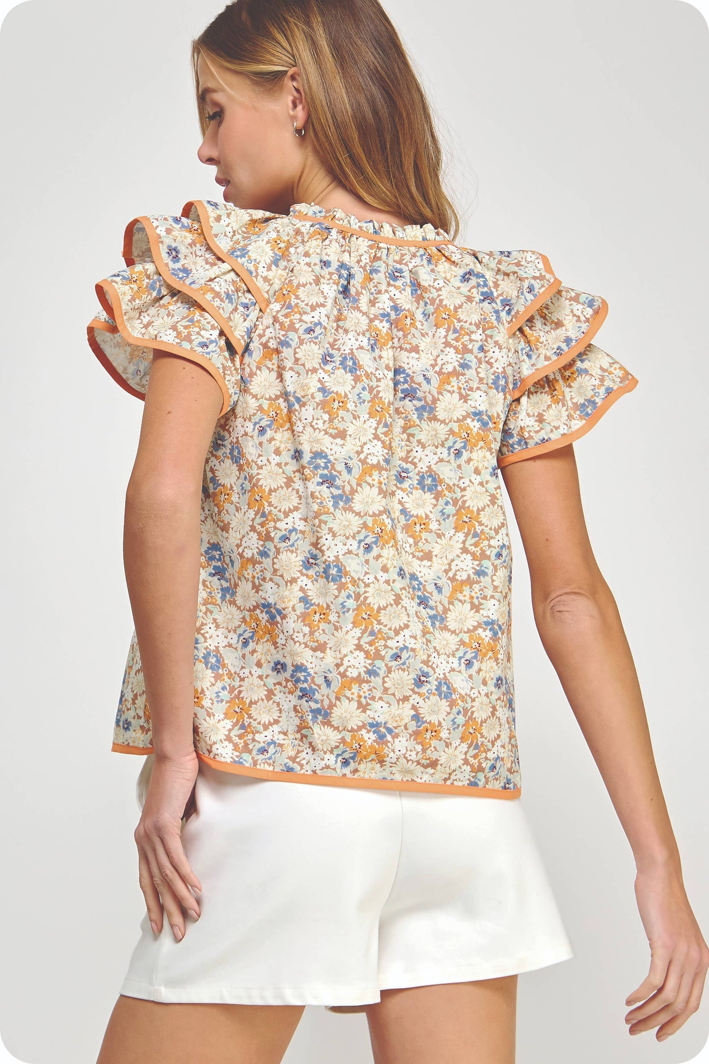 Strut & Bolt - Piping Contrast Floral Ruffle Top