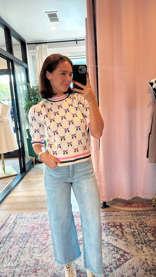 THML Ribbon Knit Top- Pink/Navy