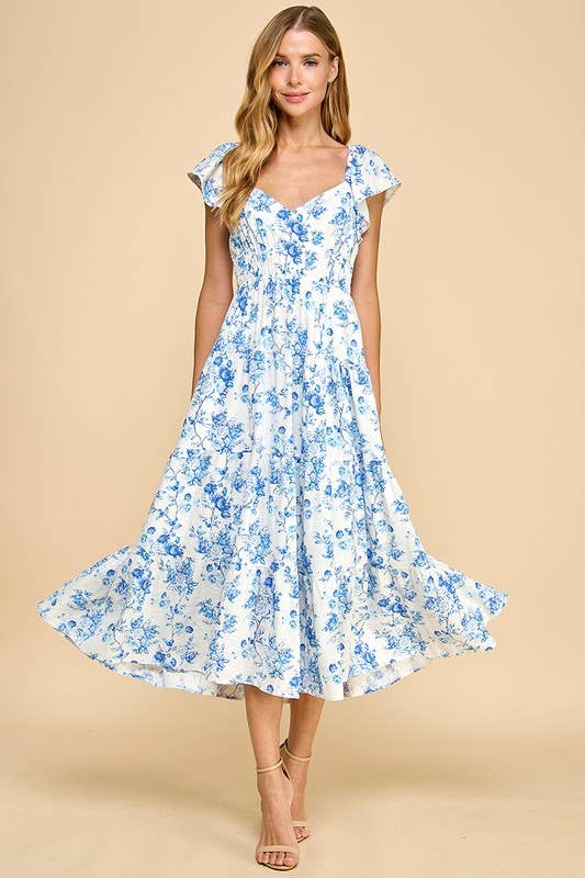 TCEC Floral Print Sweetheart Neck Elastic Waist Dress