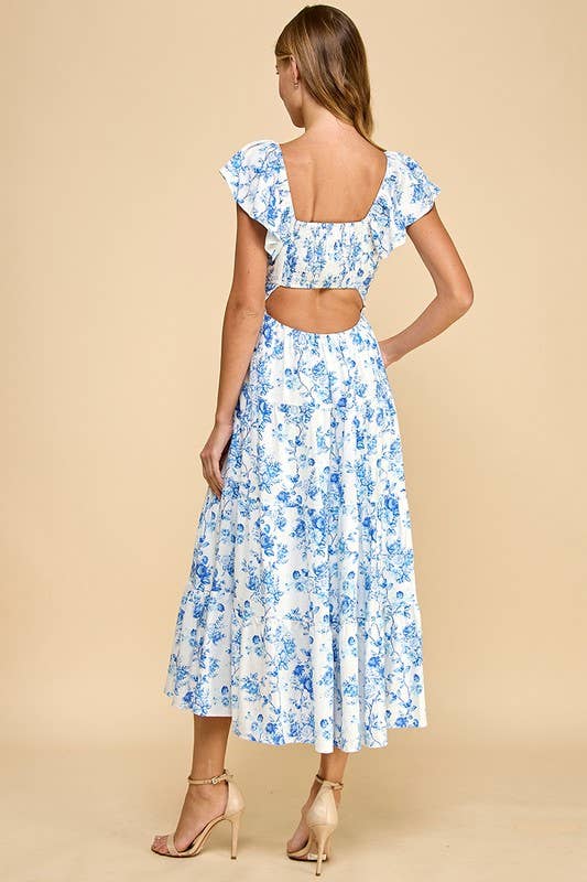 TCEC Floral Print Sweetheart Neck Elastic Waist Dress