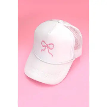 Embroidery Ribbon Bow Trucker Hat - White