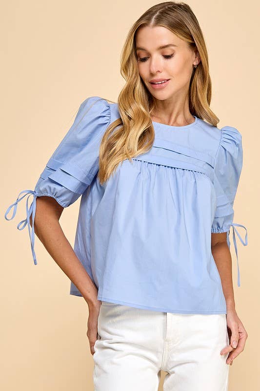 TCEC Pleated Detail Back Keyhole Puff Sleeves Top