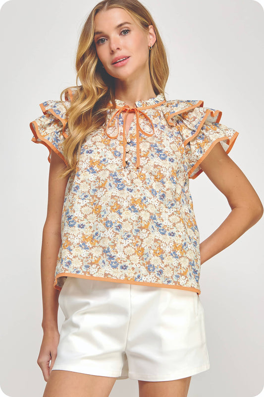 Strut & Bolt - Piping Contrast Floral Ruffle Top