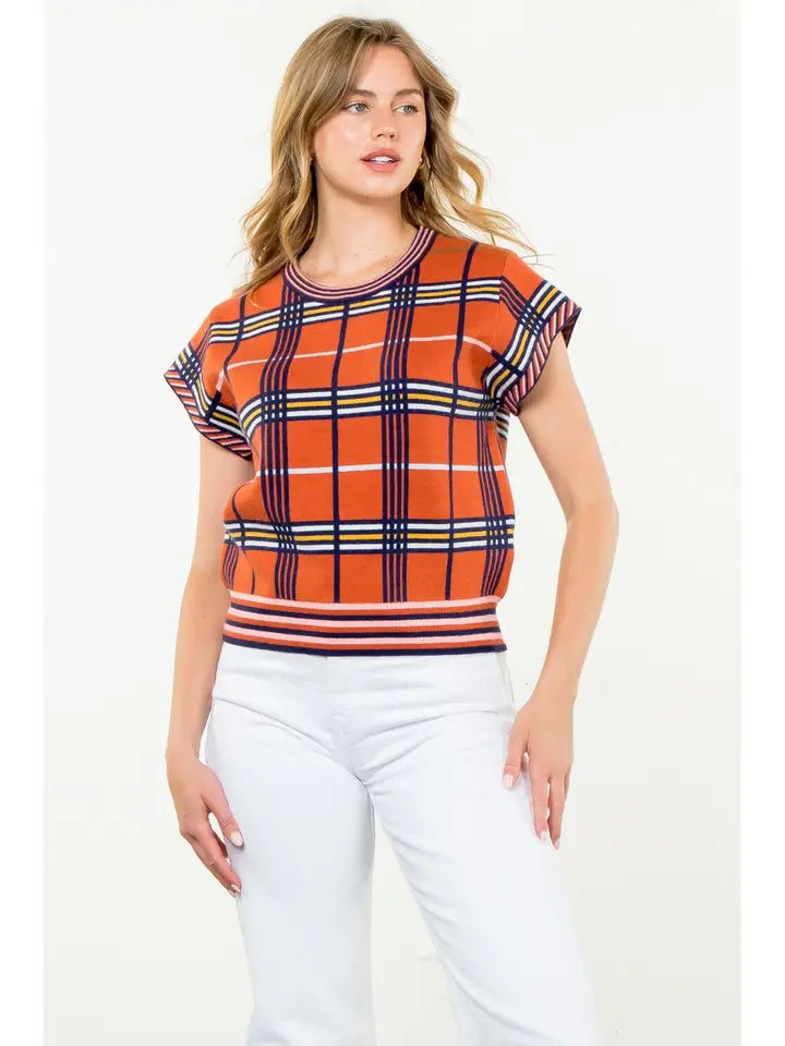 THML Short Sleeve Plaid Top - Orange