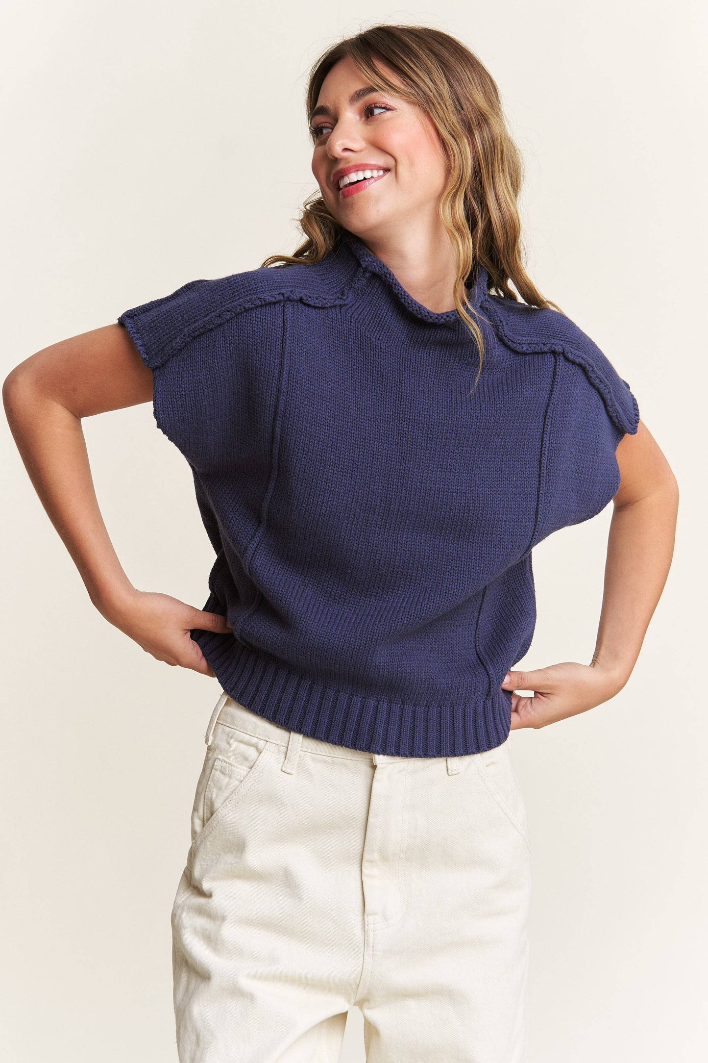 In the Beginning - Navy Short Sleeved Sweater Vest: Navy / L