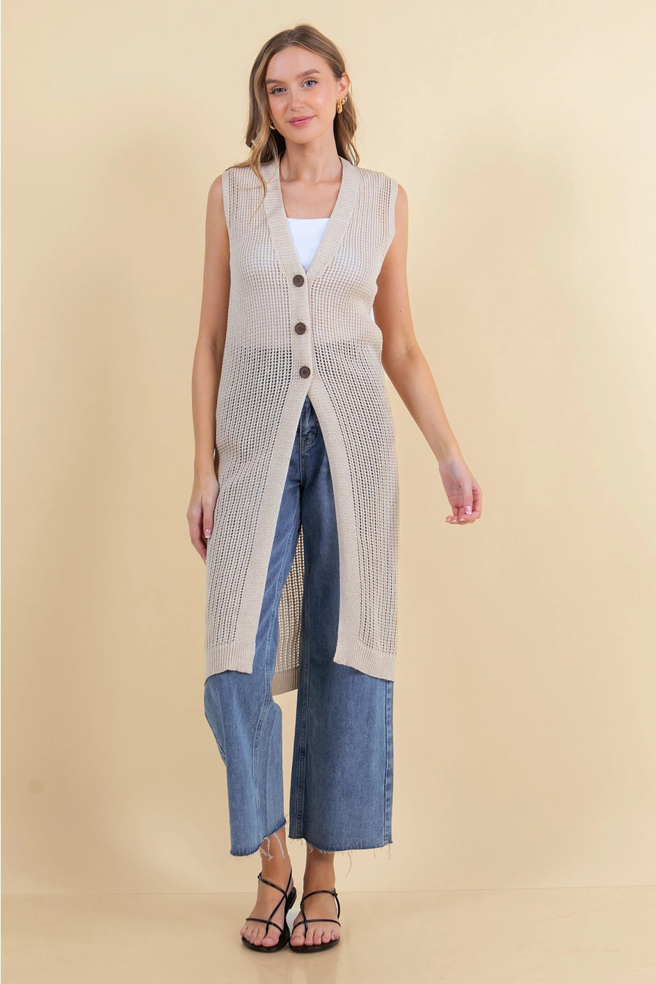 Doe And Rae V-Neck Open-Knit Cardigan Sweater Vest - Natural