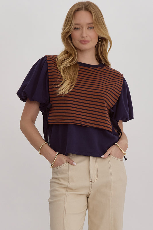 Auburn Striped Bubble Sleeve Top