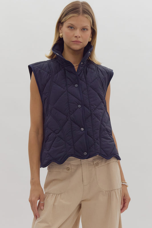 Button Up Sleeveless Collared Vest - Navy