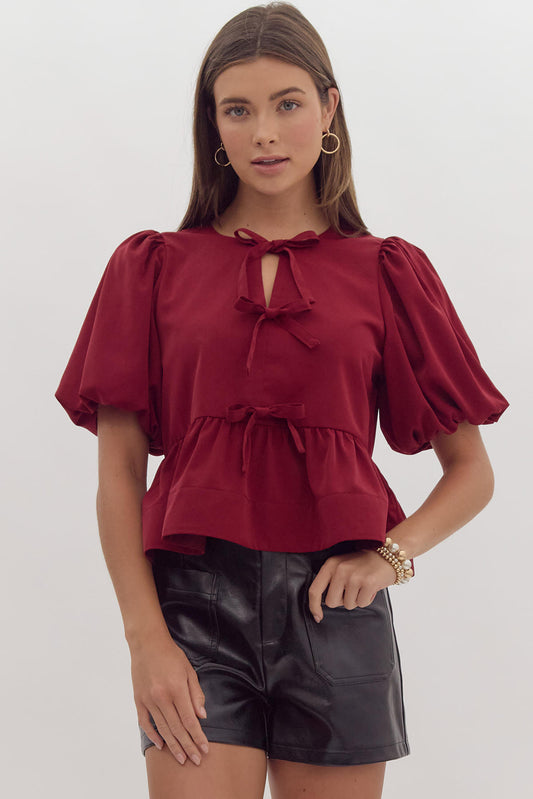 Babydoll Bow Tie Top - Burgundy