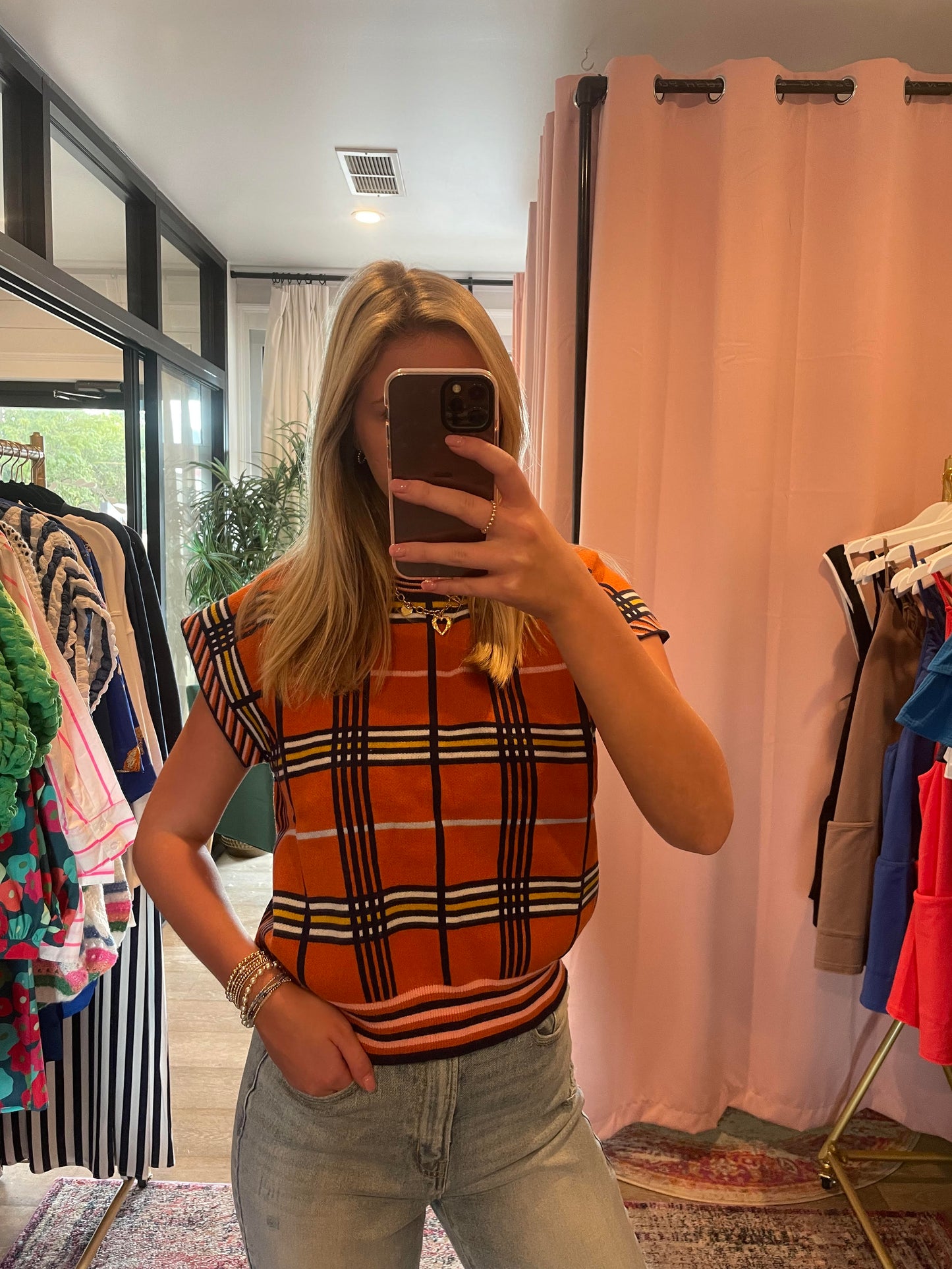 THML Short Sleeve Plaid Top - Orange