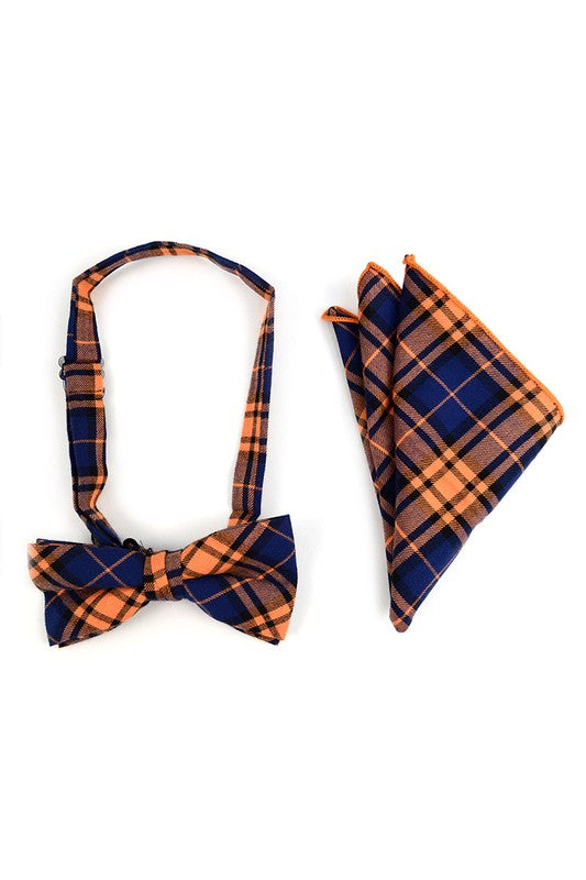 Orange and Blue Plaid Bow Tie and Pocket Square